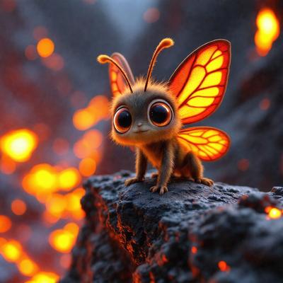 The primary subject of the image is a small, cute, and colorful butterfly-like creature sitting on a rock. The setting is a rocky, volcanic environment with a fiery background, giving the scene a dramatic and intense atmosphere. The visual style is a combination of photo and digital art, creating a unique and eye-catching image. The colors and mood are predominantly orange and red, with the butterfly creature being the main focal point, drawing the viewer's attention